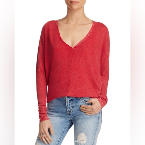 We the Free Santa Cruz Henley Top Cotton Linen Red Size Small - Picture 1 of 7